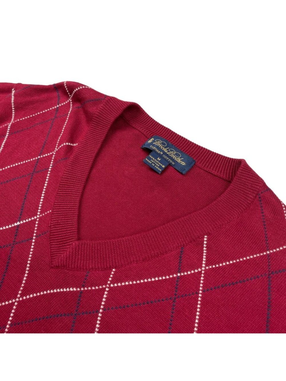Brooks Brothers Men's 100% Cotton V-Neck Sweater Burgundy/Blue Argyle • Medium